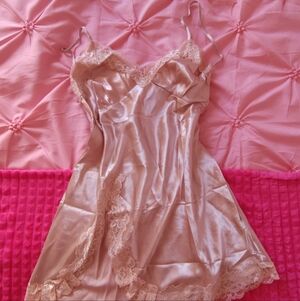 Champagne Satin Nightdress with Lace Trim • Women’s Silk Sleepwear Nightgown